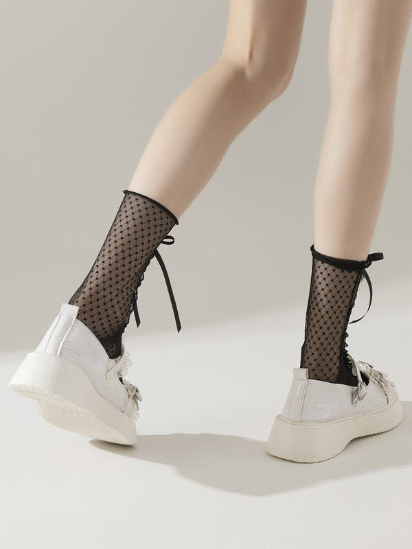 Black/White Bowknot Details Polka-dot Pattern Semi-sheer Calf Socks With Lace Trim