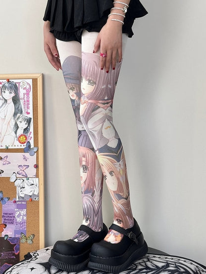 White Cartoon Girl Print Tights