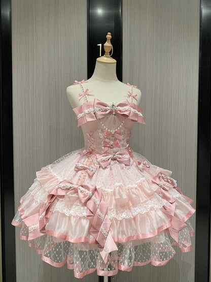 Pink Layered Lace Sweet Lolita Dress with Bead and Bow Embellishments