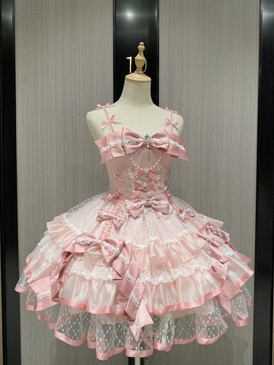 Pink Layered Lace Sweet Lolita Dress with Bead and Bow Embellishments
