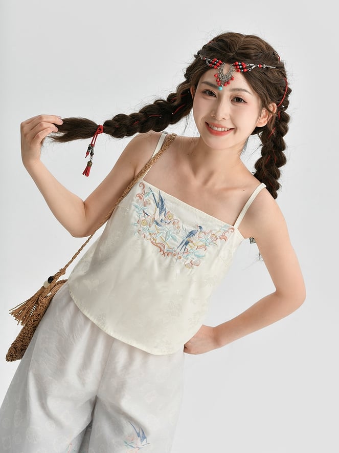 Floral and Bird Embroidery Apricot Cami Top