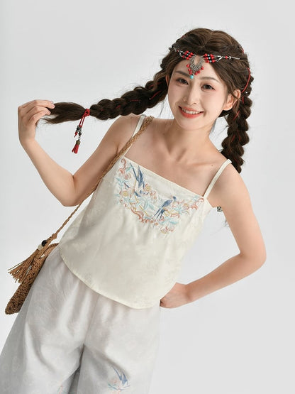 Floral and Bird Embroidery Apricot Cami Top