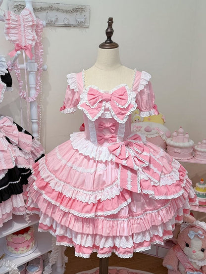 Pink Sweet Bow Accents Short Sleeves Dress Lolita One Piece