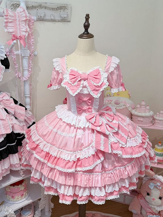 Pink Sweet Bow Accents Short Sleeves Dress Lolita One Piece