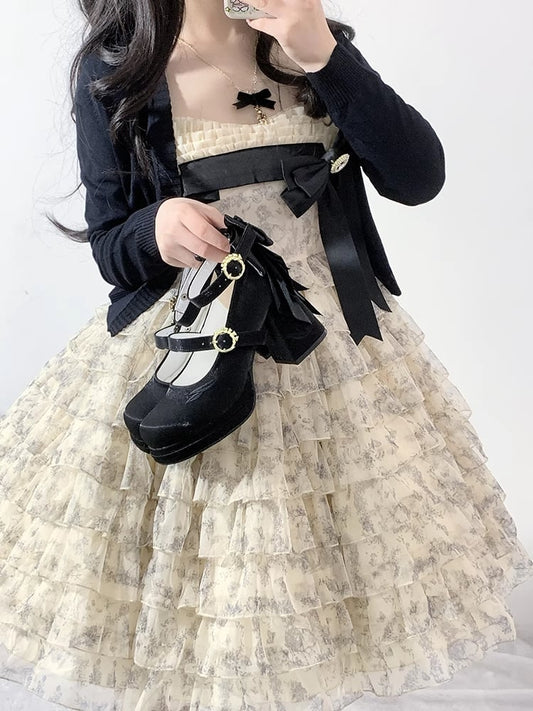 Black Detachable Bowknot Lily of the Valley Embroidery Middle Heels Mary Janes