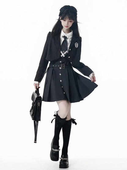 Black Striped Cropped Blazer with Preppy Badge & Subtle Silver Accents