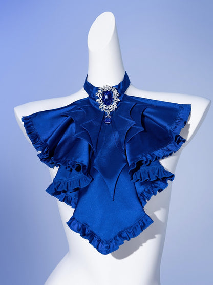 Deep Sea Blue Bat Wings Cascading Ruffle Trim Jabot Tie