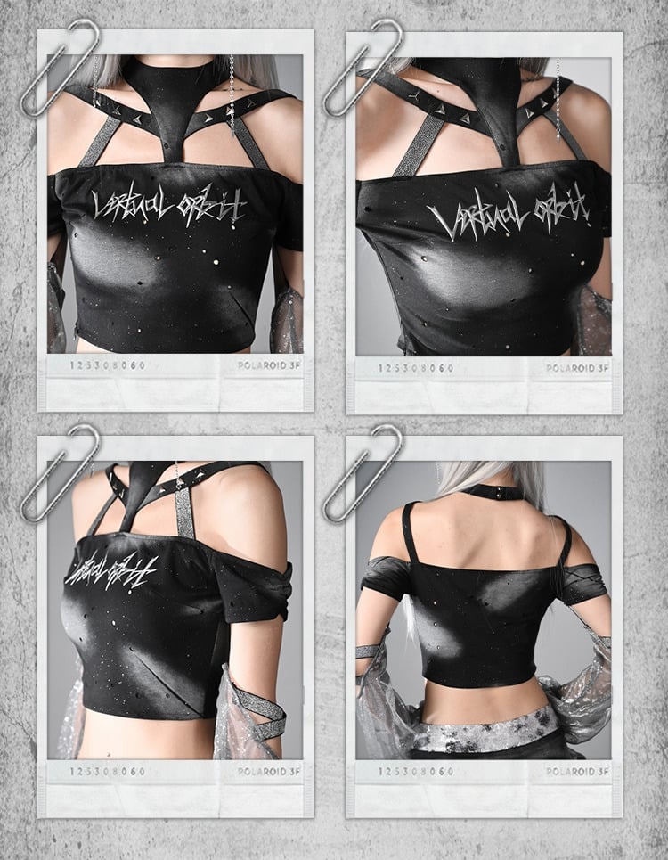 Y3K Fashion Futuristic Black Halter Neck Cyberpunk Cropped Top with Detachable Sleeves
