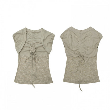 Floral Design Light Khaki Butterfly Jacquard Top