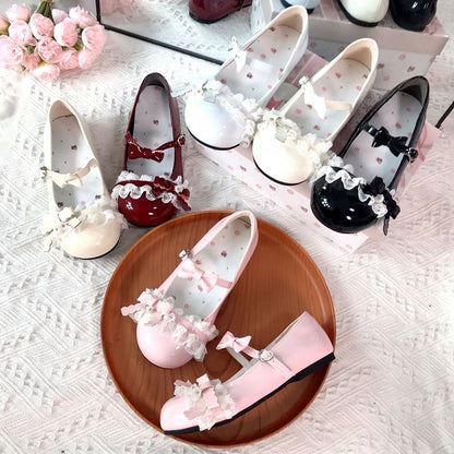 PU Leather Black Sweet Lolita Flats - Bow Accents, Decorative Heart Buckle & Hidden Snap