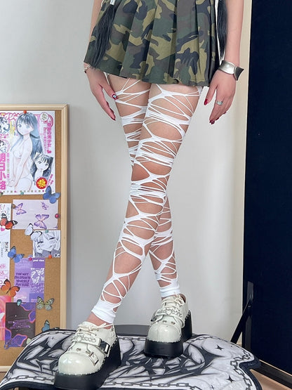 Long Version Black/White Y2K Asymmetrical Design Cut-out Details Over-knee Stockings