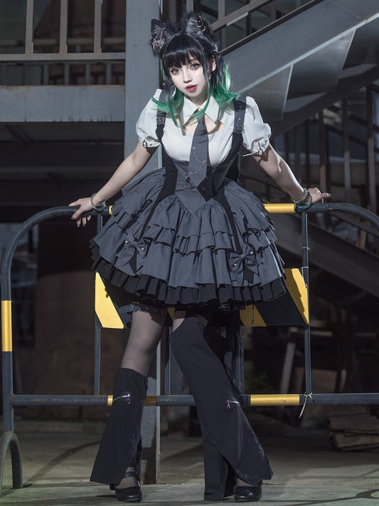 Gray and Black Under Bust Techwear Buckle Strap Lolita Dress