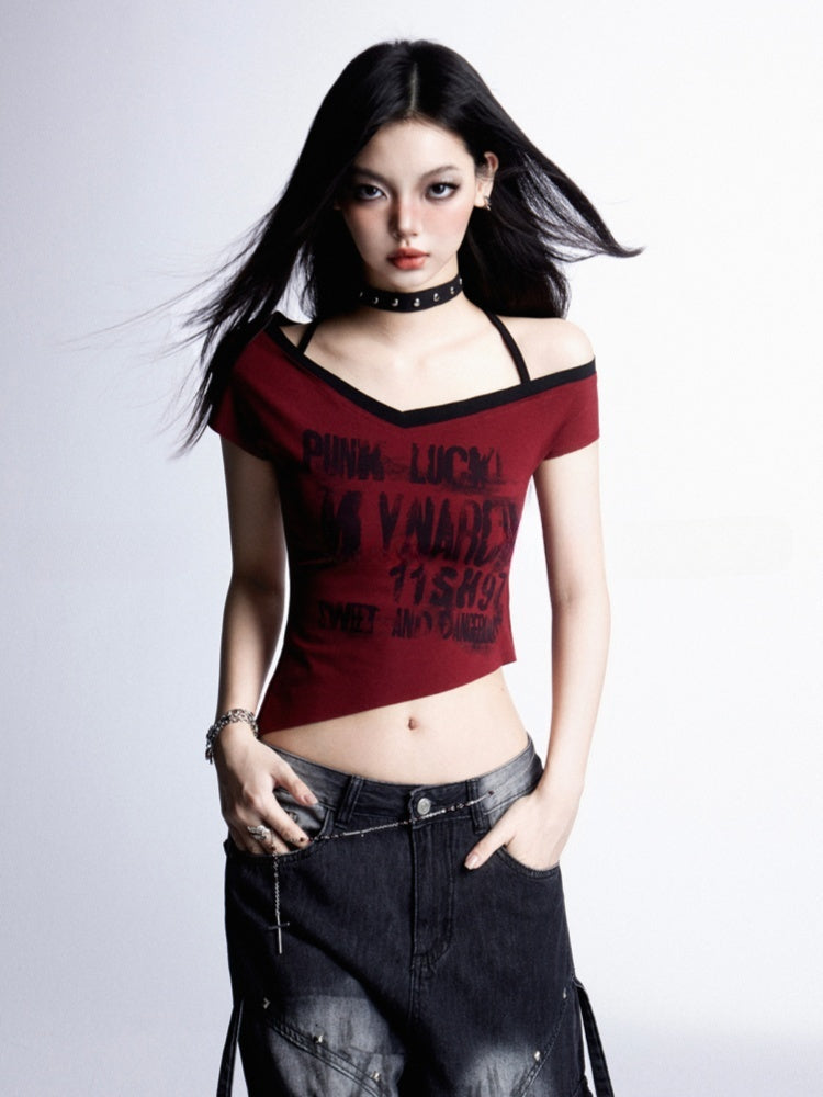 Y2K Red Halter Neck Asymmetrical Neckline and Hem Rock Punk Graphic Cropped T-shirt