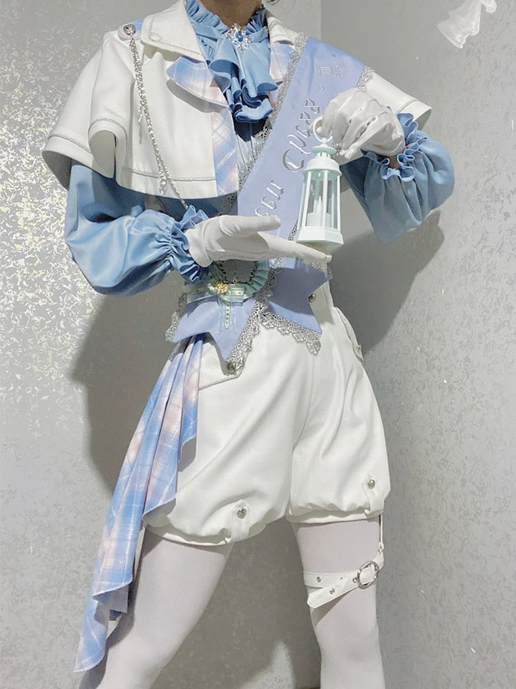 Blue and White Prince Ouji Lolita Outfit - Blue Shirt + White Cape + White High Waist Shorts