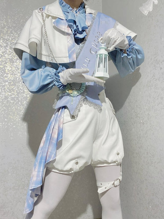 Blue and White Prince Ouji Lolita Outfit - Blue Shirt + White Cape + White High Waist Shorts