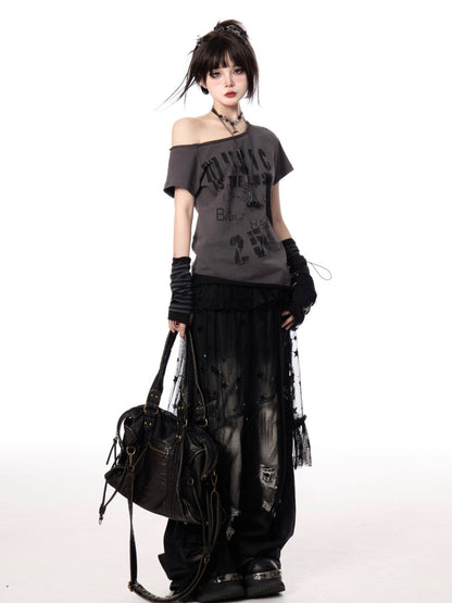 Y2K Letter Print White/Gray Asymmetrical Neckline T-shirt