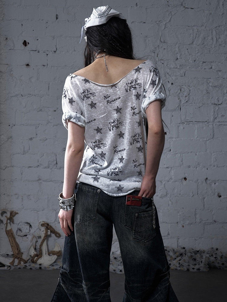 Black/White Distressed Design Navycore Graphic T-shirt