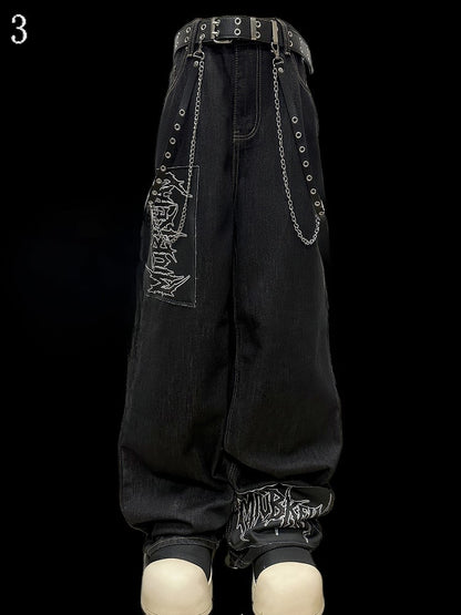 Dark Blue Letter Applique Straight-leg Cut Jeans