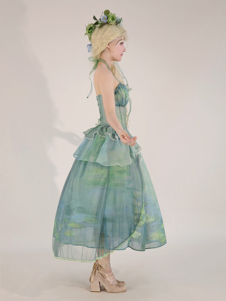 Green Fairy Oil Painting Print Tiered Flounce Hem Halter Boned Corset Top