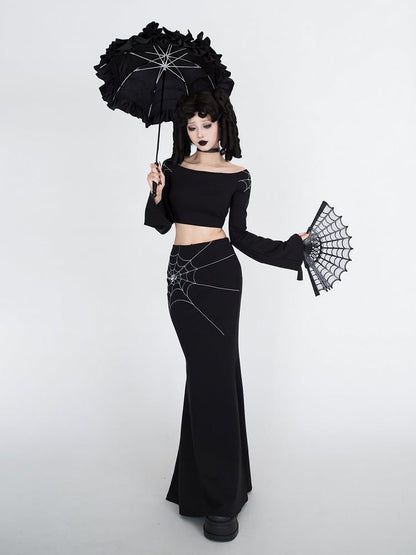 Gothic Black Spiderweb Embroidery Mermaid Skirt
