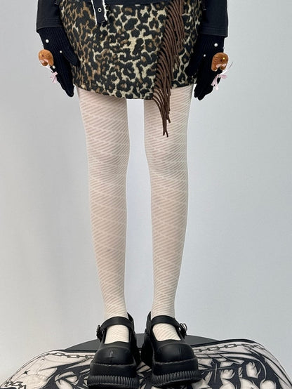 White Striped Pattern Tights