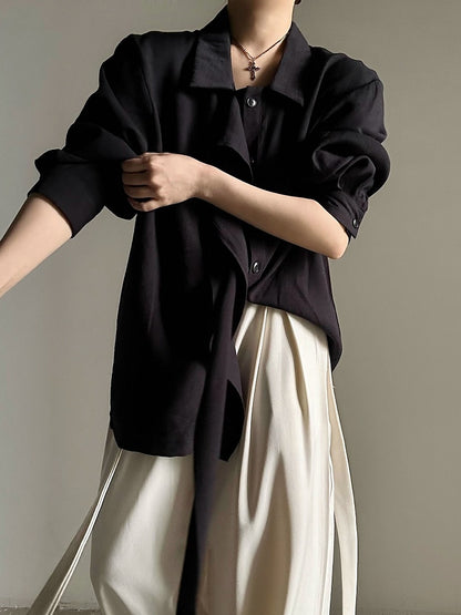 Ouji Lolita Black Retro Loose Pointed Collar Shirt with Long Draping Ribbon