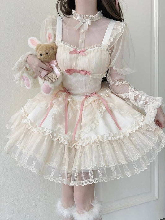 Apricot Balletcore Small Bows Fabric Short Dress Lolita Jumper Skirt