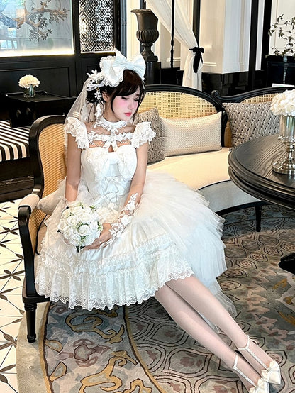 Beads and Rhinestones Neckline Design White Shiro Lolita Dress with Lace Trim and Bow Accents