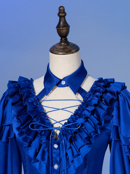 Deep Sea Blue Layered Ruffles V-neck Long Sleeves Shirt with Detachable Bead Chain Cutout Back