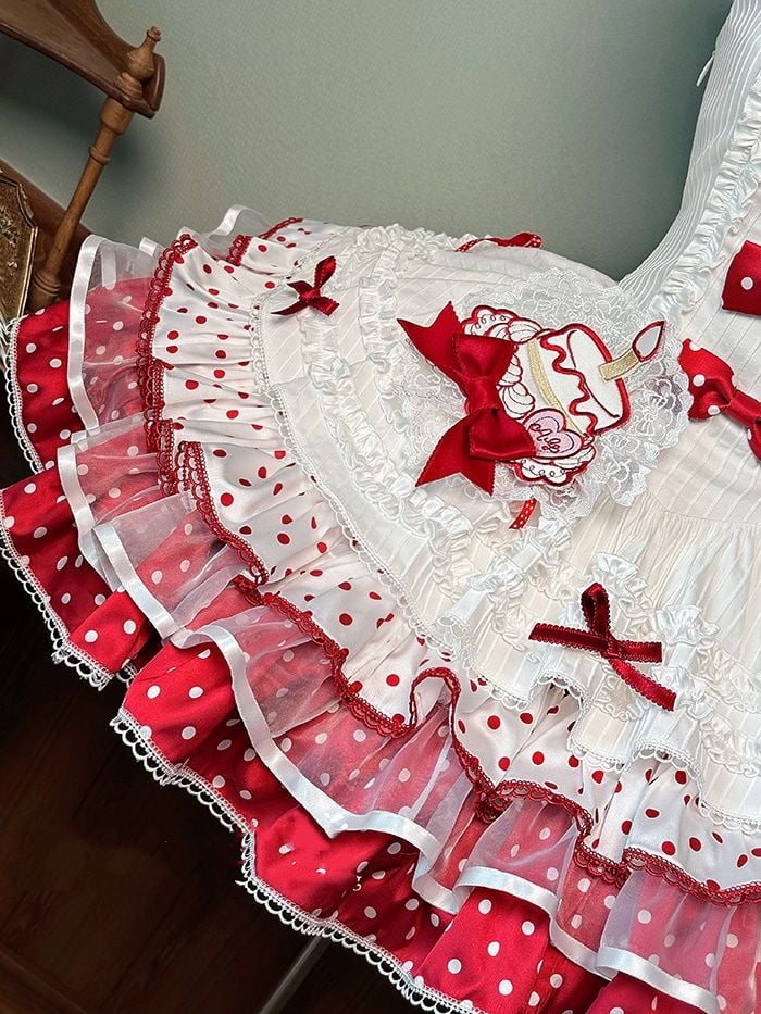 White and Red Polka-dot Bowknots on Bodice Tiered Skirt Sweet Lolita Jumper Skirt