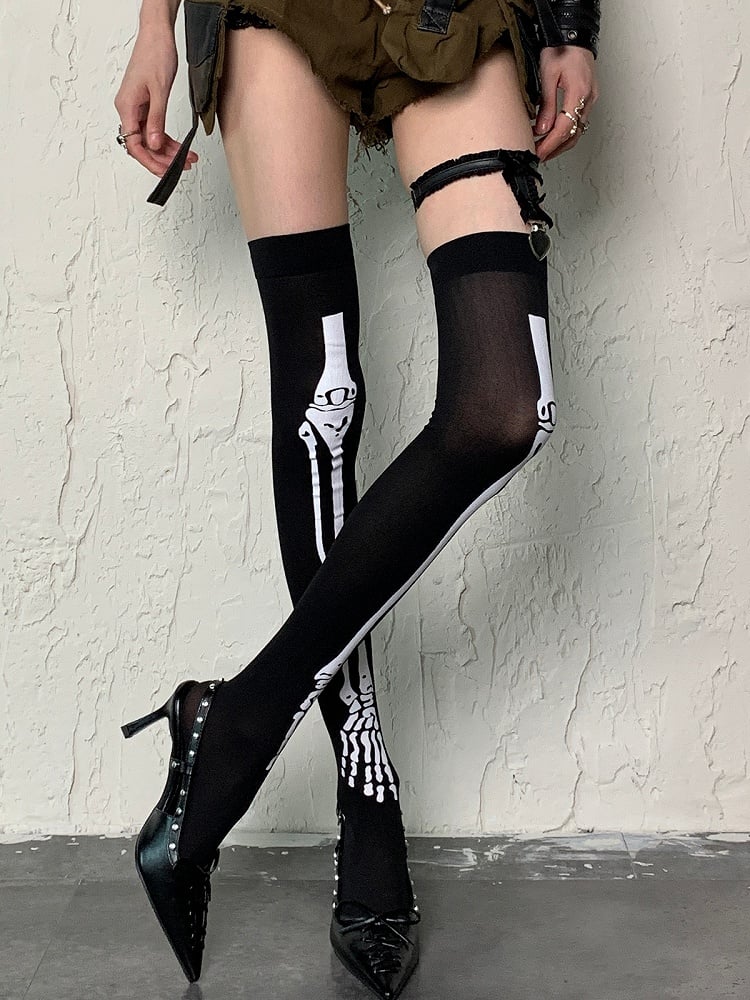Black Y2K Bone Print Over-knee Stockings