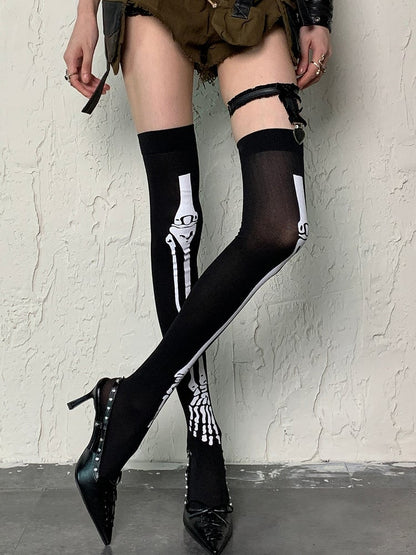 Black Y2K Bone Print Over-knee Stockings