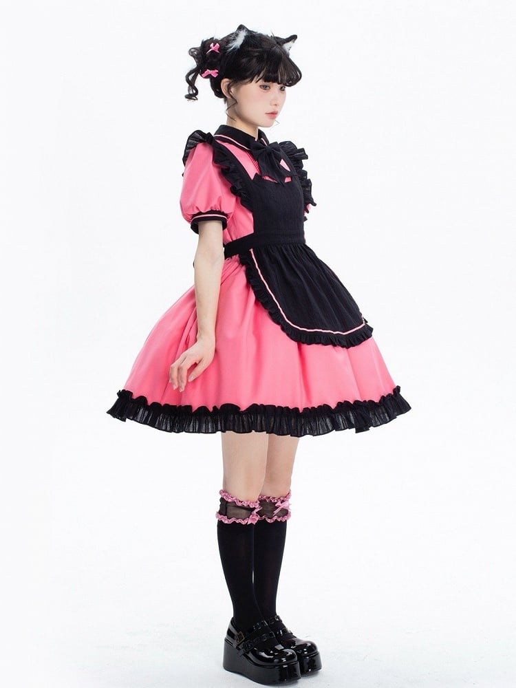Pink and Black Kitty Maid Lolita Short Puff Sleeves Dress + Black Apron