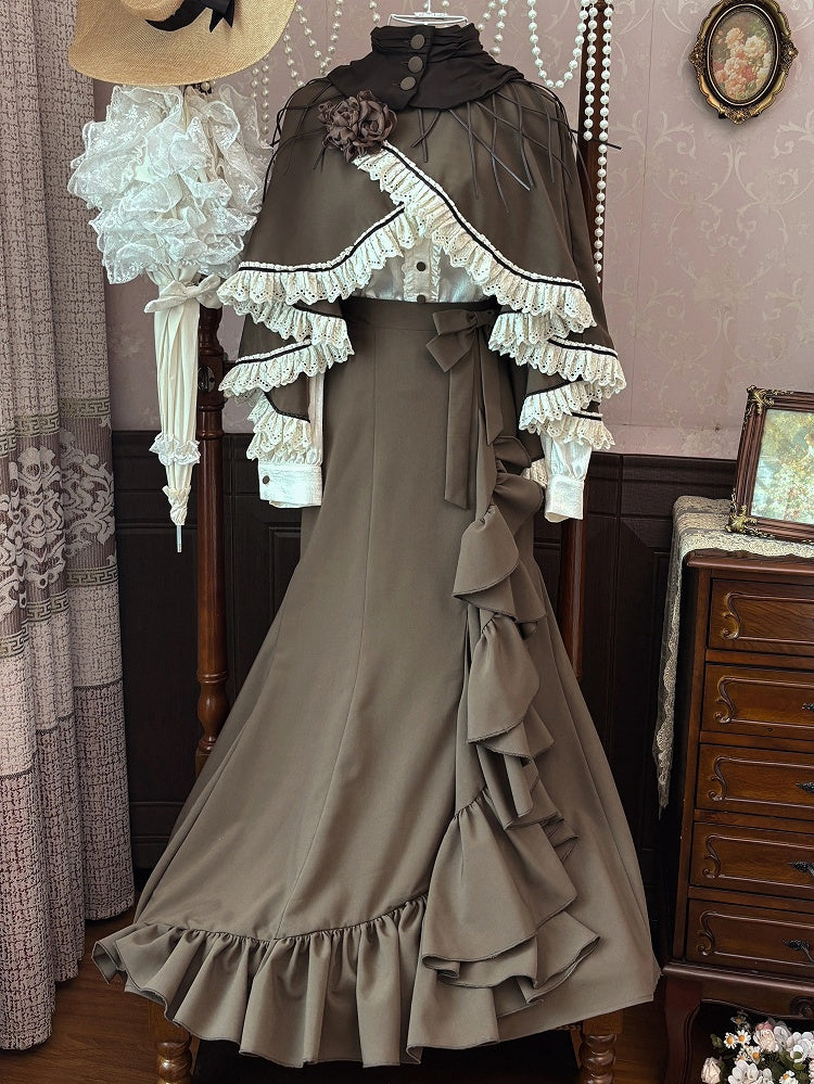 Brown Elegant Lolita Mermaid Skirt with Cascading Ruffles