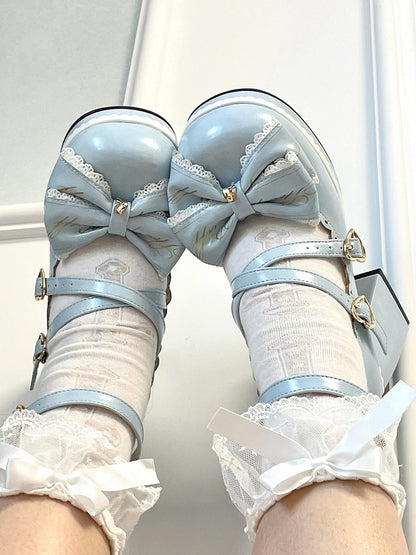 Blue Crisscross Design Heart Buckles Detachable Bow at Top High Block Heels