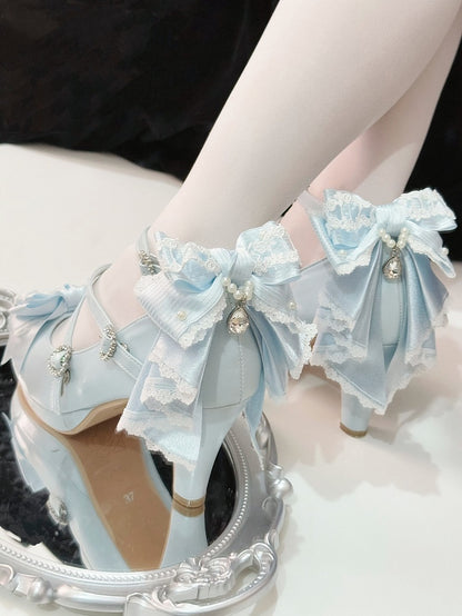 Light Blue Crisscross Design Heart Buckle Bow at Top High Heels