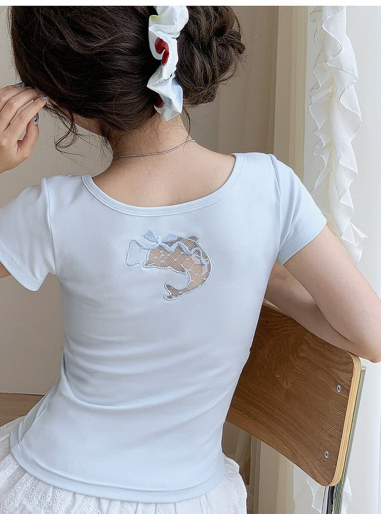 Dolphin-shaped Cutout Back Blue Scoop Neckline T-shirt