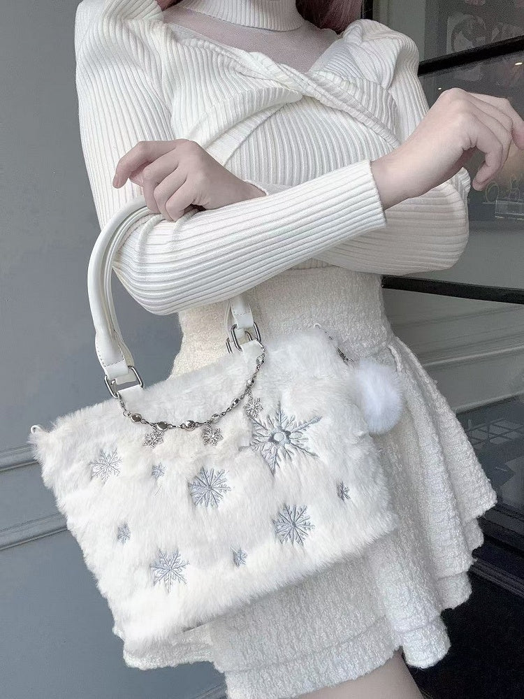 Light Blue Snowflake Embroidery Plush Tote Bag with Beaded Chain / Rhinestone Chain