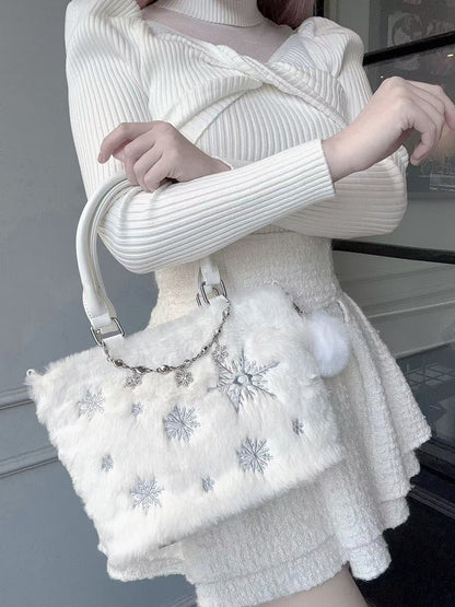 Light Blue Snowflake Embroidery Plush Tote Bag with Beaded Chain / Rhinestone Chain