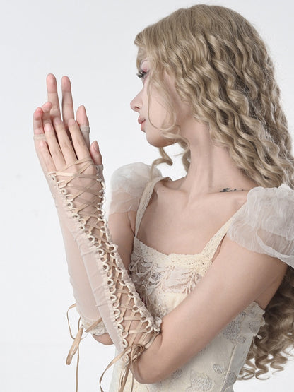Apricot Lace-up Straps Gloves