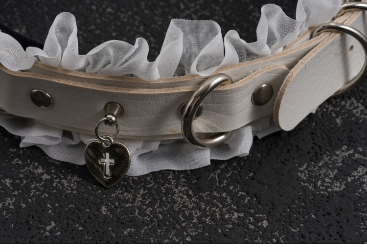 White Gothic Cross Stud Ring Buckle PU Ruffled KC