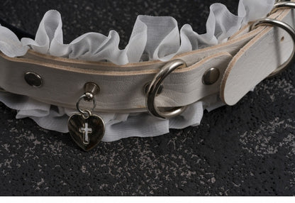 White Gothic Cross Stud Ring Buckle PU Ruffled KC