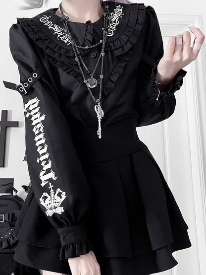 Black Emo Punk Peter Pan Collar Letter Print Buckle Details Blouse