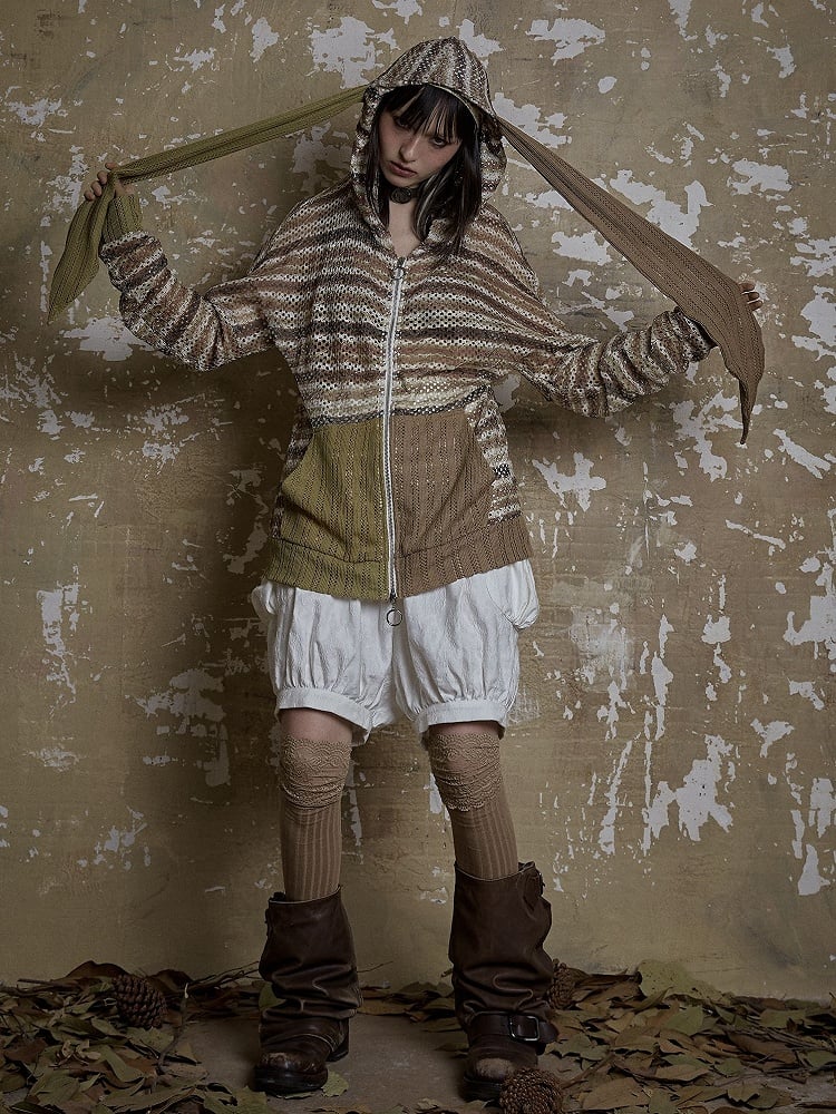 Dune Inspired Bunny Ears Brown Striped Hooded Top Hollow-out Design