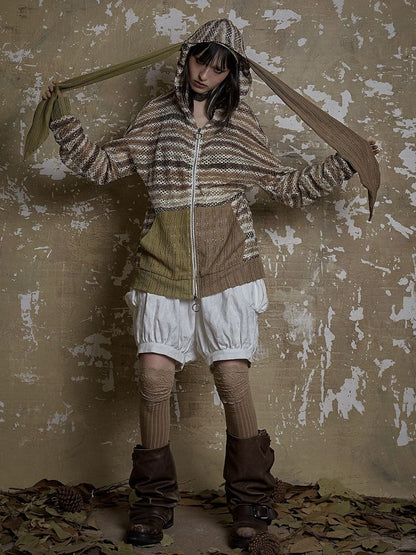 Dune Inspired Bunny Ears Brown Striped Hooded Top Hollow-out Design