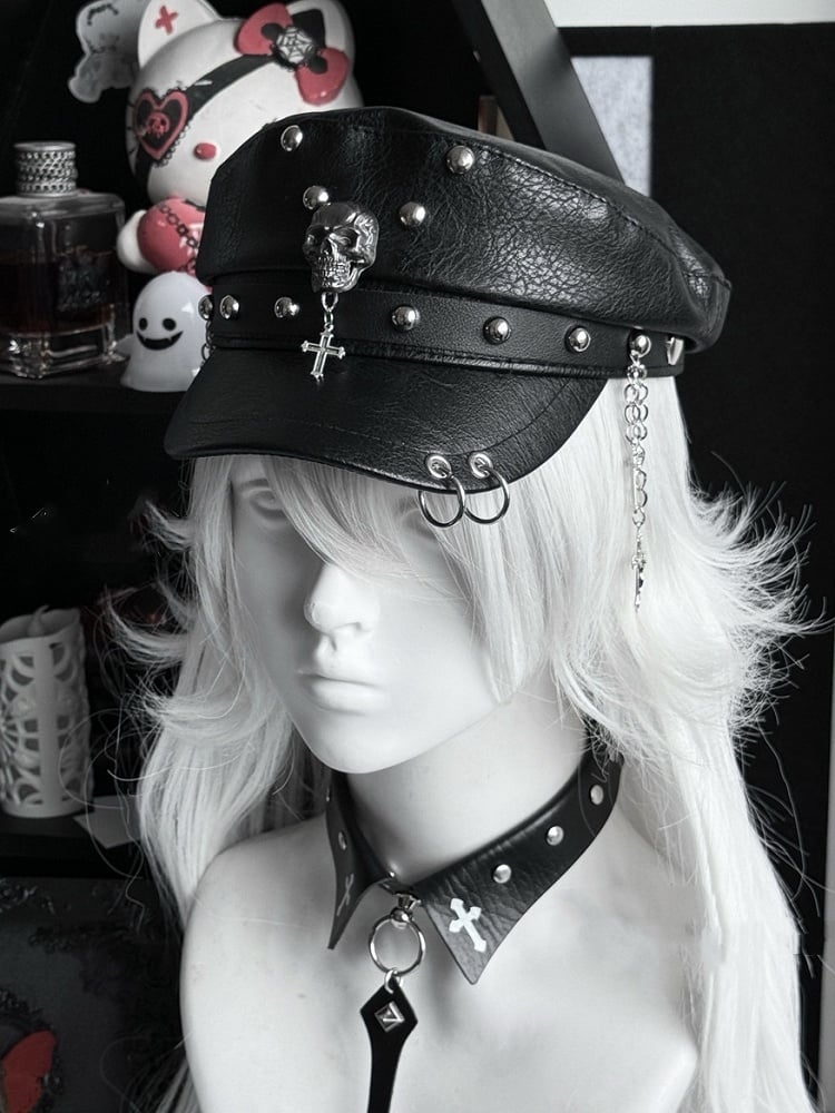 Y2K Black PU Cross Charm Punk Studded Hat