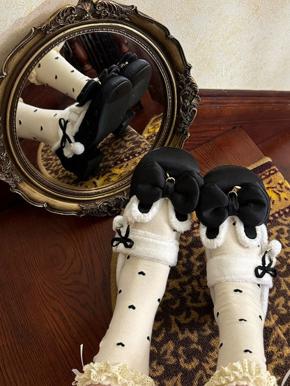 Black Sweet Lolita Heart Charm Plush Bunny Ear Bow at Top Round Toe Shoes