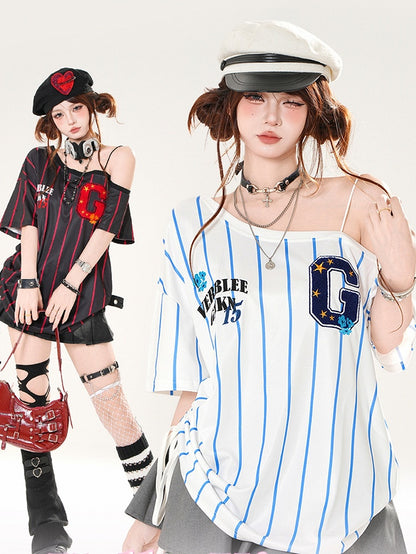 Asymmetrical Neckline Blokette Core White/Black Striped T-shirt