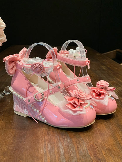 Classic Rose Red Wedge Heels - Interchangeable Rose Decor, Beaded Heart Buckles & Bow Accents