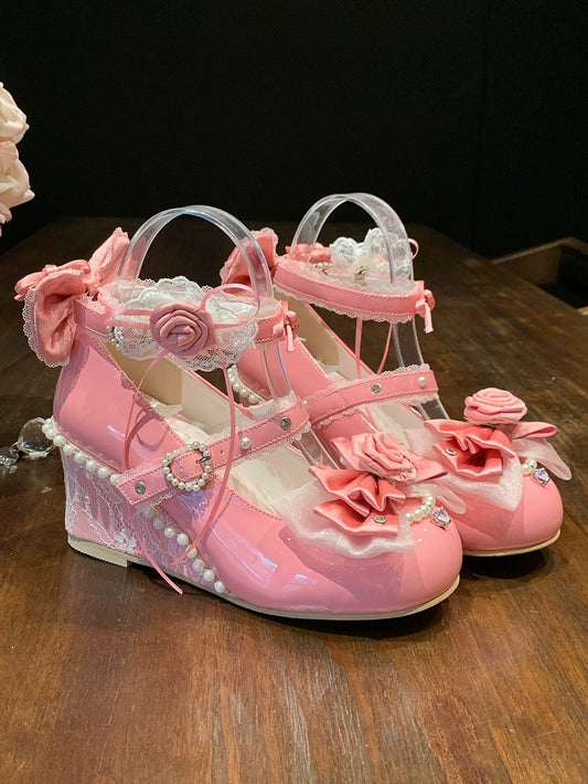 Classic Rose Red Wedge Heels - Interchangeable Rose Decor, Beaded Heart Buckles & Bow Accents